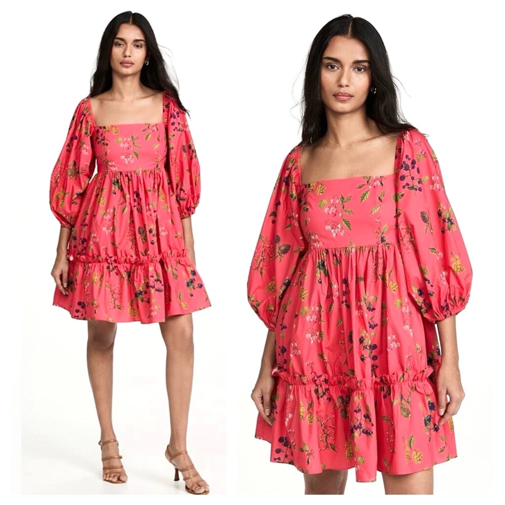 Cara Cara Coral-Pink Floral Puff-Sleeve Mini Dress